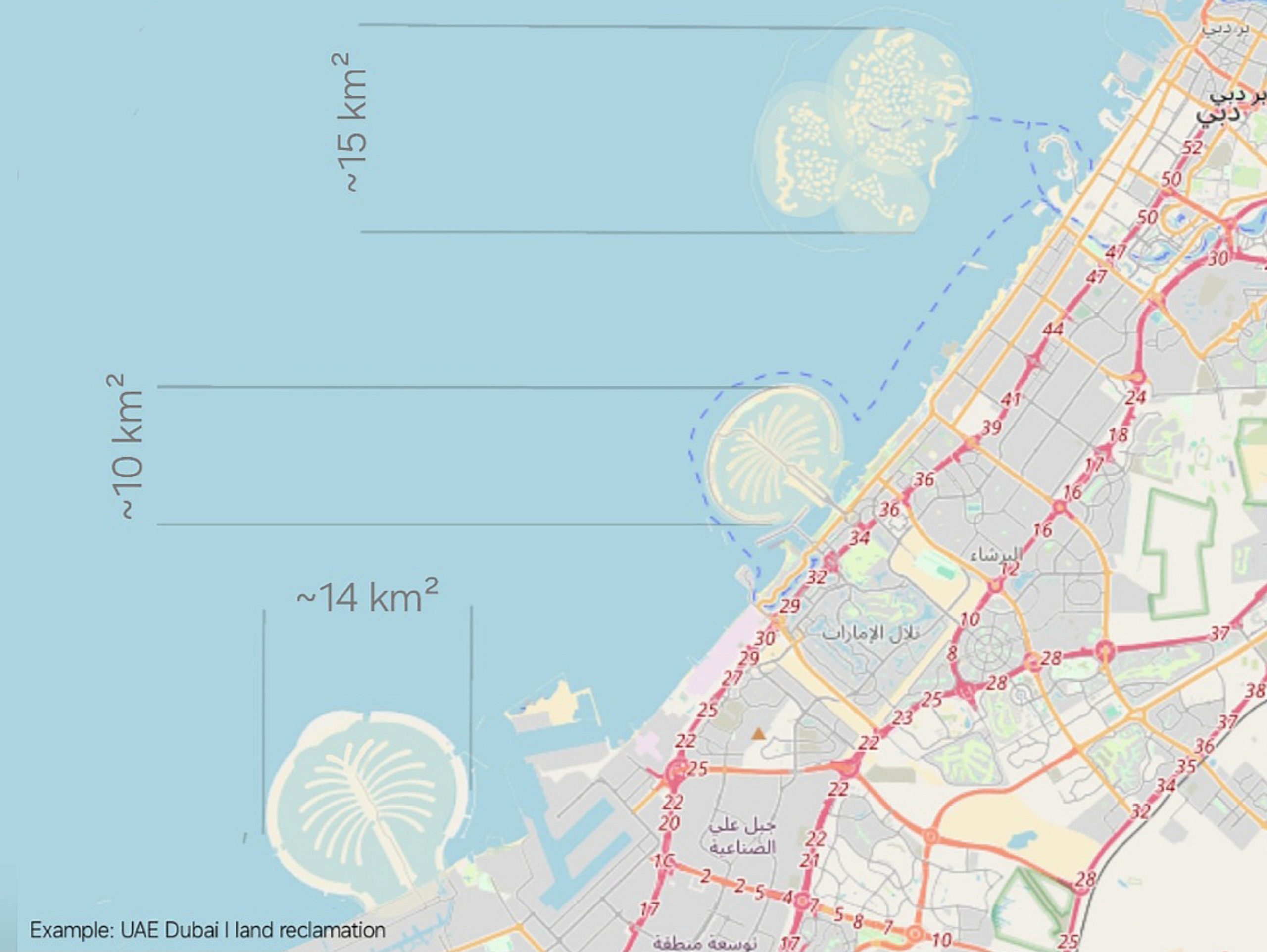 An outstanding archictural performance is the artificially created land at the coastline in the Emirate of Dubai, which was build for habitation purposes only, by piling up tons of sand.