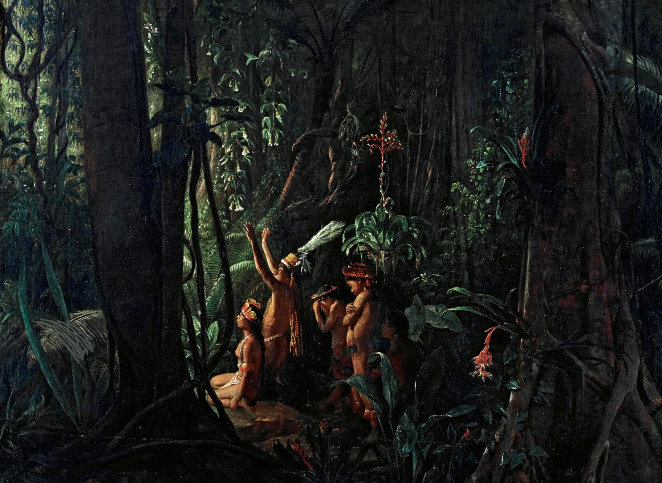 Amazonian natives I Example Painting I Rainforest scene with typical plants and inhabitants watching the sky at daylight between trees