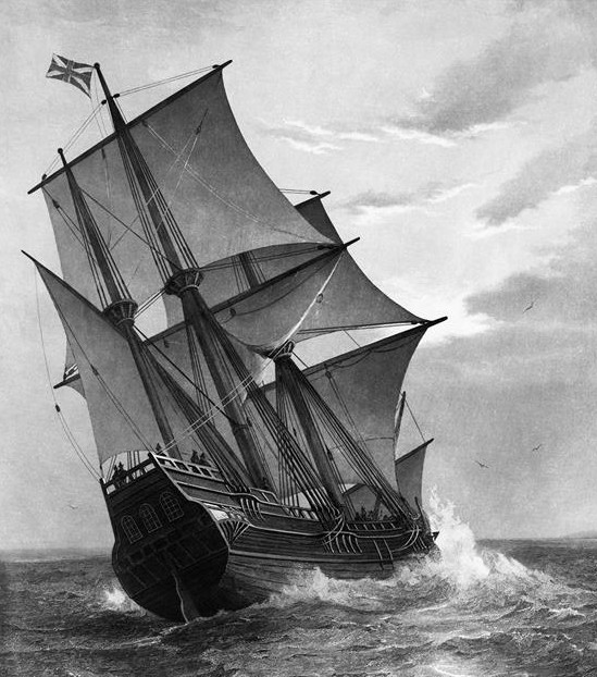 Mayflower ship to drop first immigrating Americans in 1620 near Cape Cod and Plymouth at the East coast.