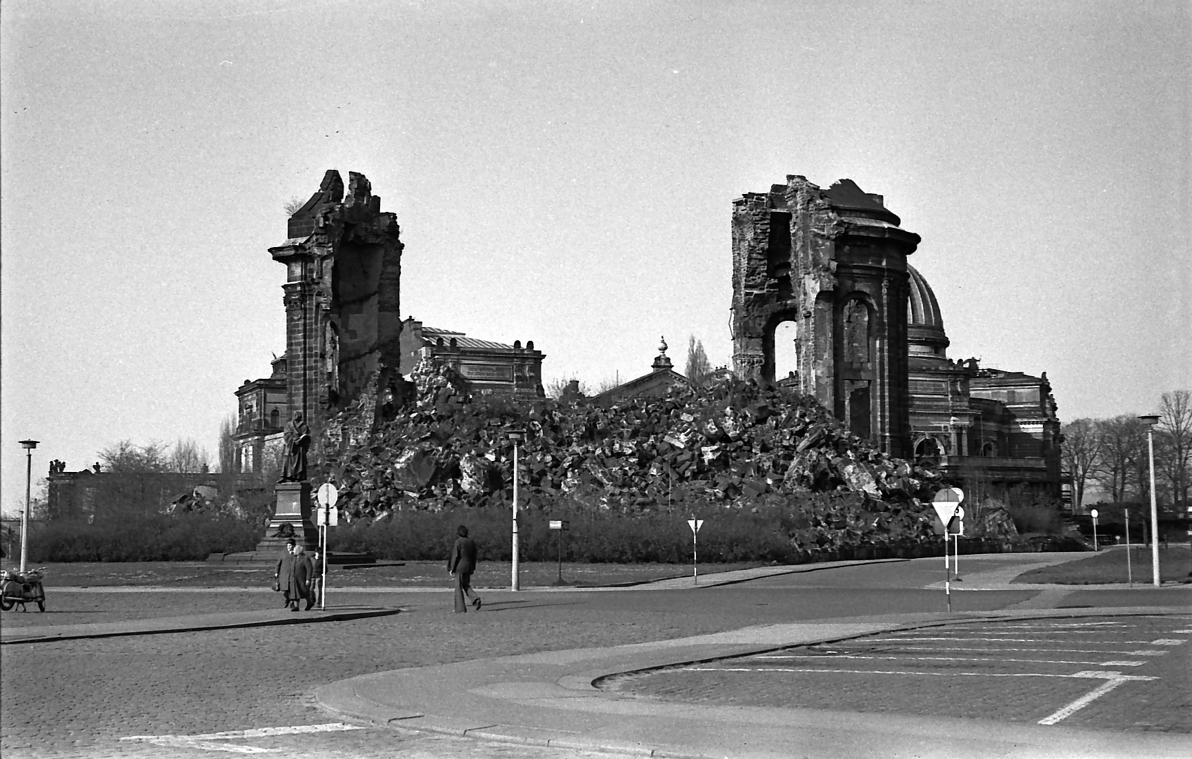 Church Memorial WW2 in Dresden, Saxony 1945 - 2005 I seen on wikipedia.org - Because the ruin was left like Dresden citizens found it and changed nothing or transported demolished parts to another place, it was possible to reconstruct the building by using as many original elements as possible. The cross of the dome melted completely 1945 at circa 1200°C. The replica was made using photographs and reproductions of original architecture plans of George Bähr, forged in Great Britain and gifted for the churchs reconstruction and reopening in 2005. British Airforce pilots droped the bombs in intervals over the city in the last days of the war. Historically, the attack has been regarded as a strategically senseless retaliatory strike. It has been documented that the only people remaining in the city were child soldiers, war wounded, children, women, and refugees who had already reported on the Soviet Army’s position—which was also known to the British Army. Thats why NATO and military industry has not this popular image in this area, where "prevention and attention" is the credo.